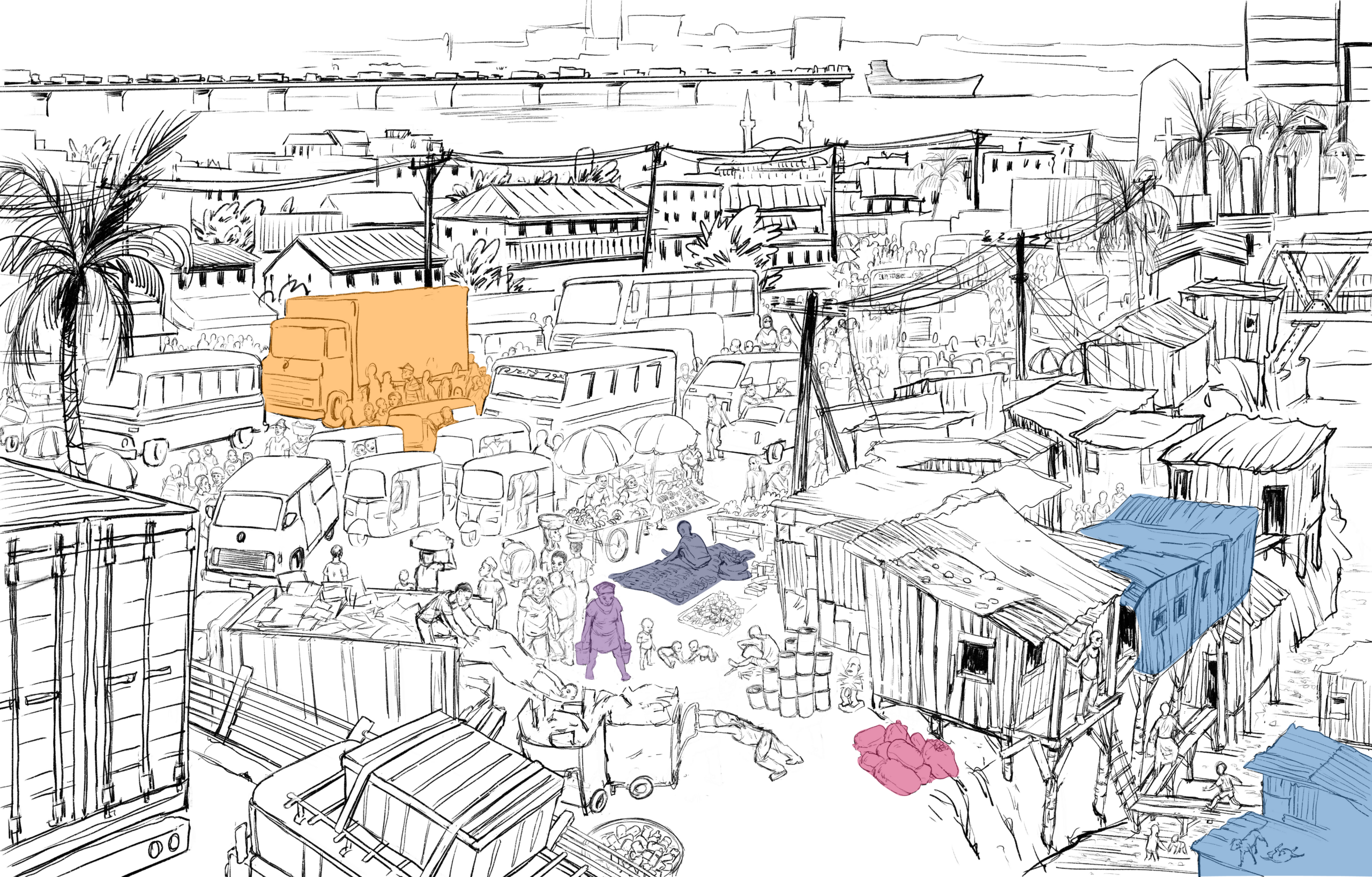 Illustrated cityscape of Africa with highlighted Wicked Urban Problems