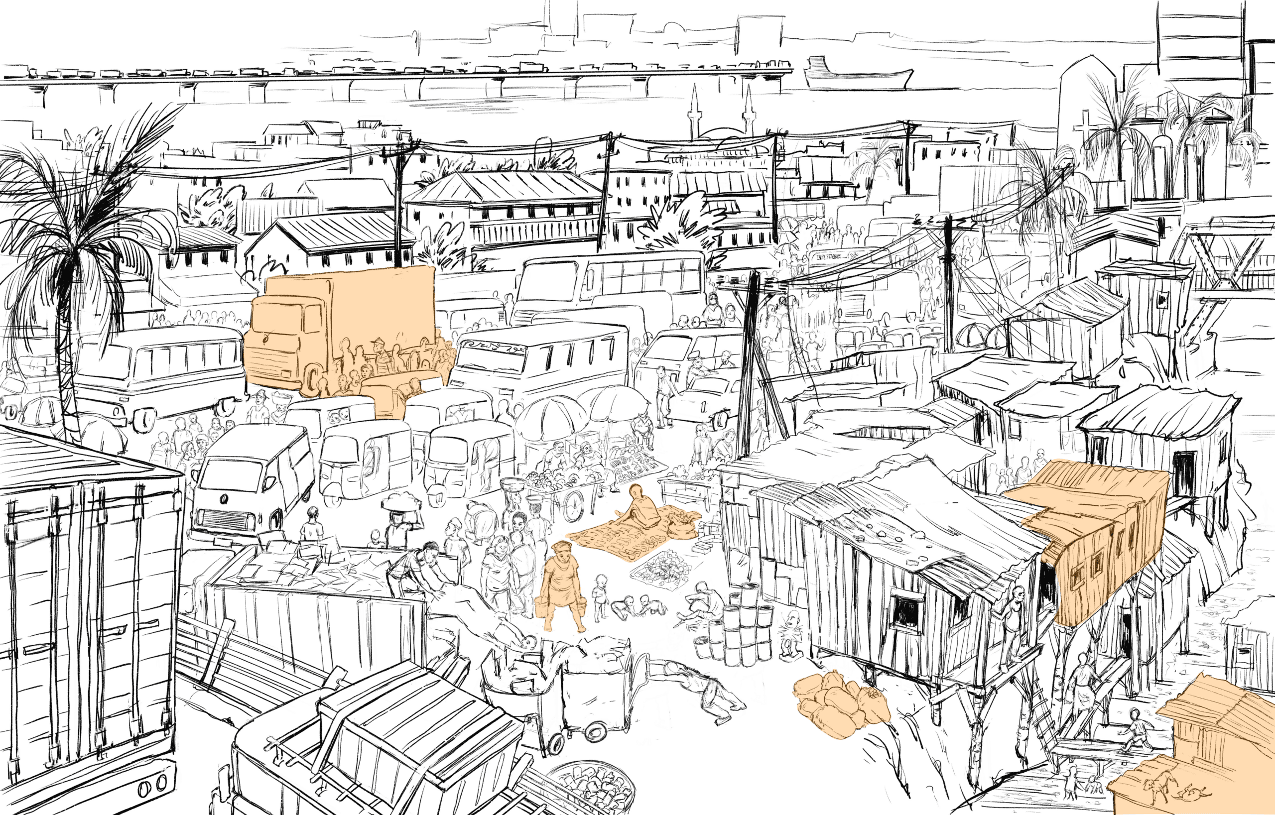 Illustrated cityscape of Africa with highlighted Wicked Urban Problems