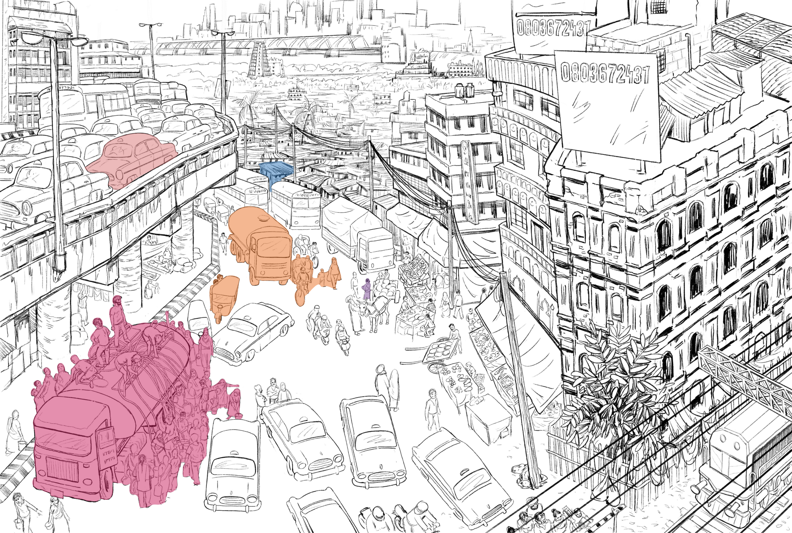 Illustrated cityscape of Asia with highlighted Wicked Urban Problems