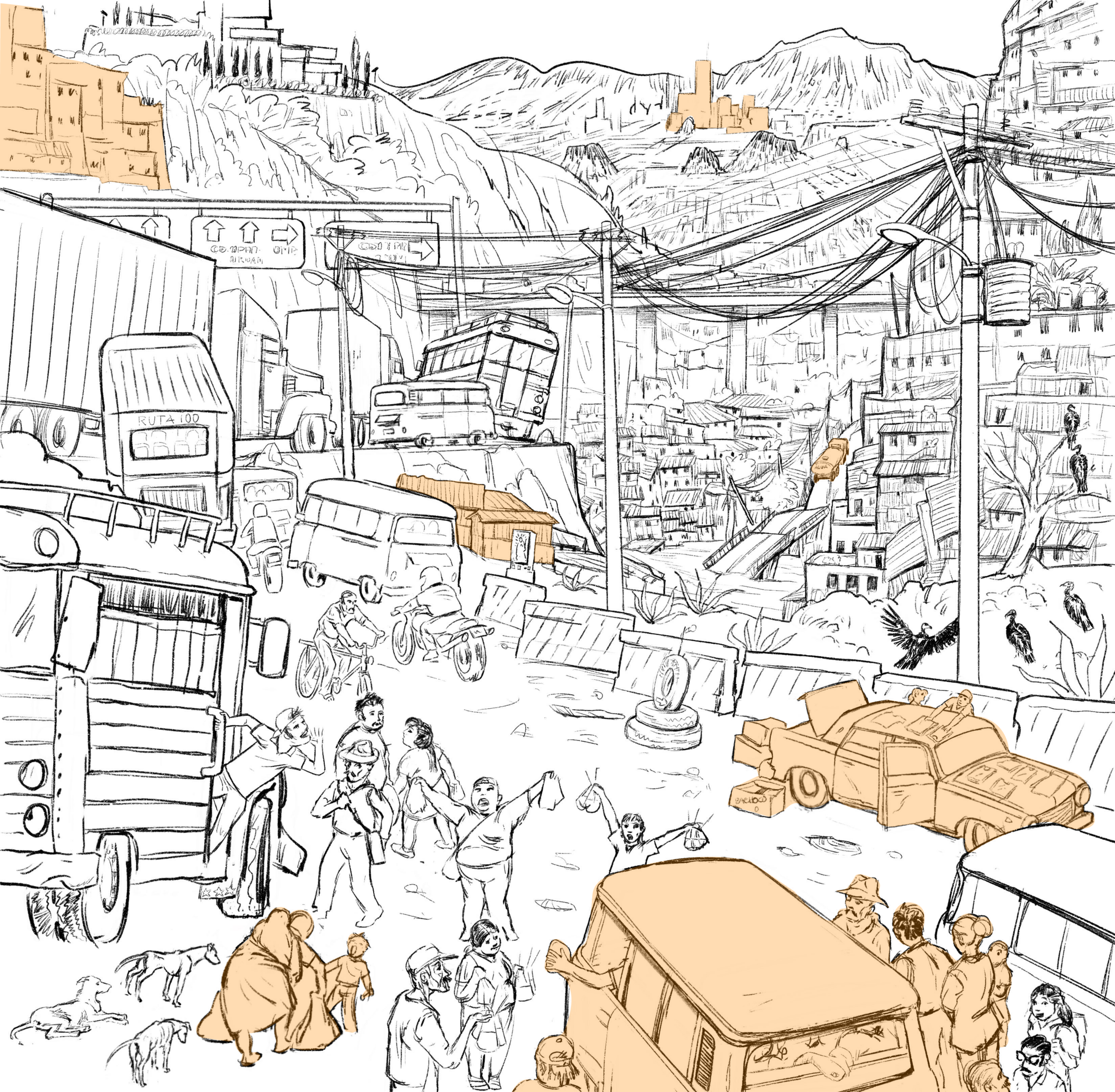Illustrated cityscape of Latin America with highlighted Wicked Urban Problems