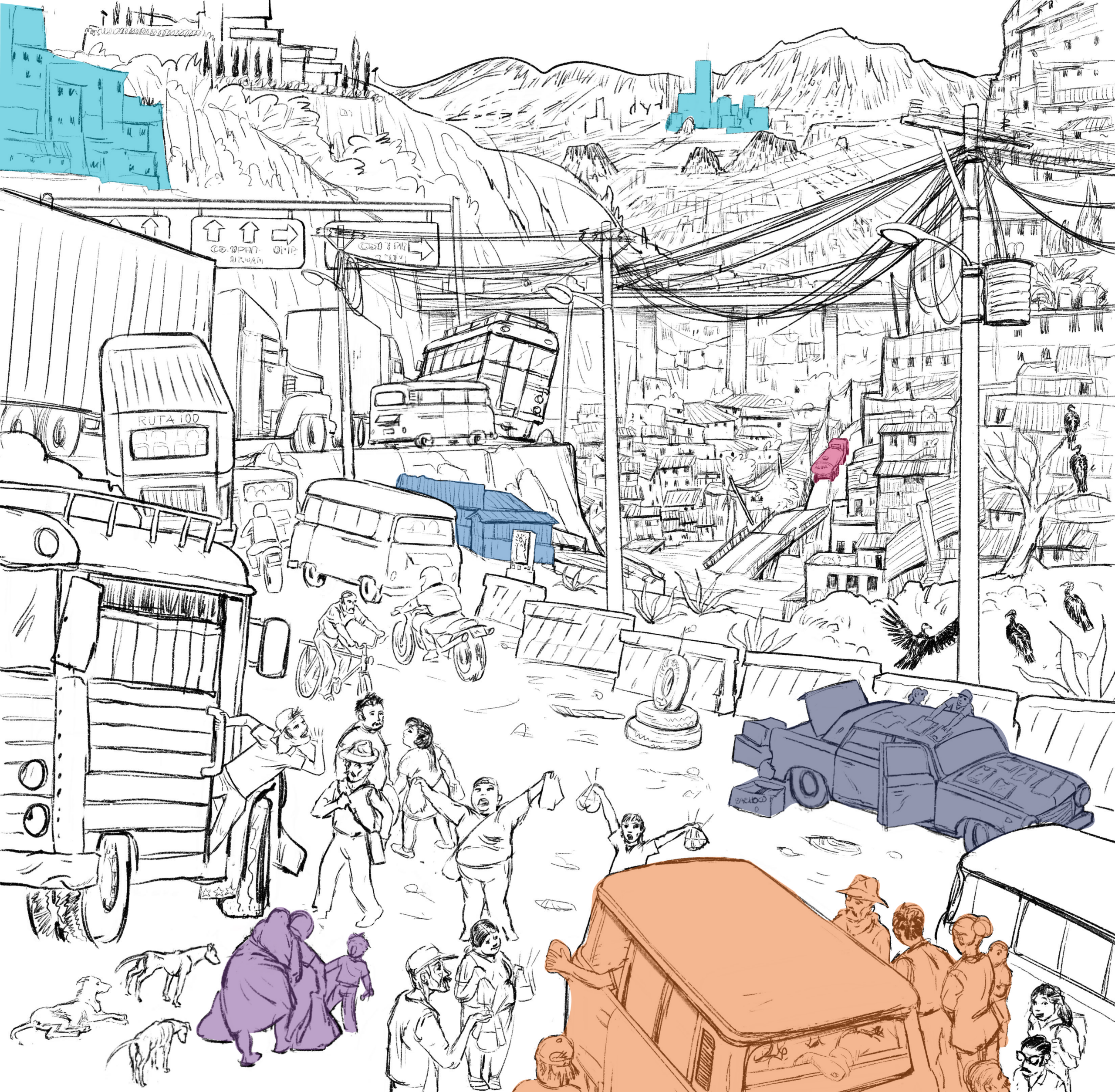 Illustrated cityscape of Latin America with highlighted Wicked Urban Problems